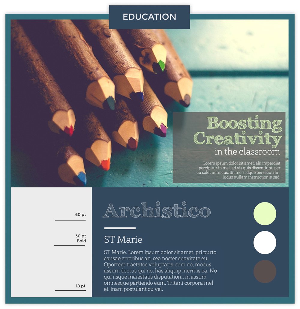 Education infographic with a photo of colored pencils using fonts Archistico and ST Marie.