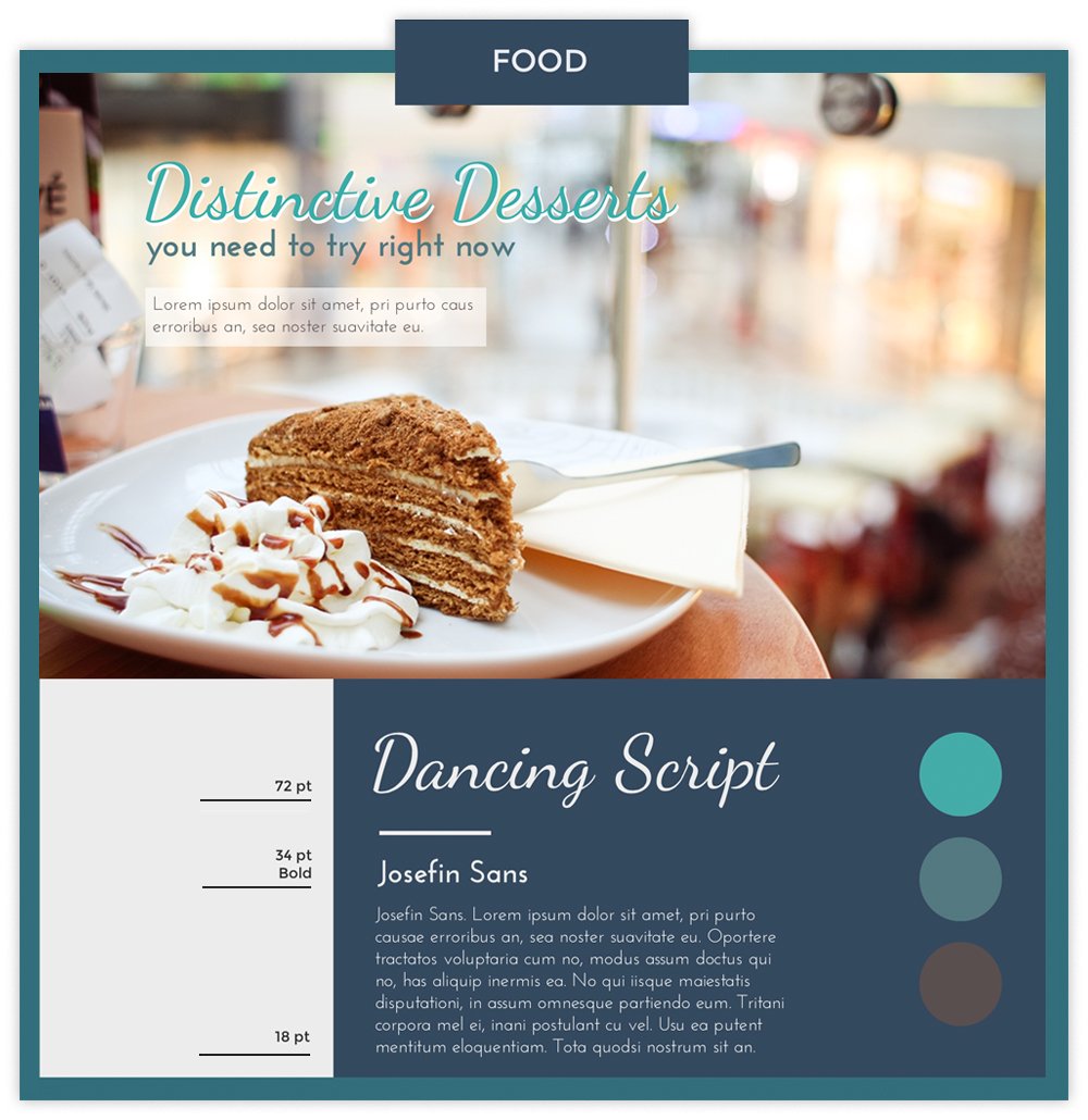 Food infographic with a photo of a slide of cake using fonts Dancing Script and Josefin Sans.