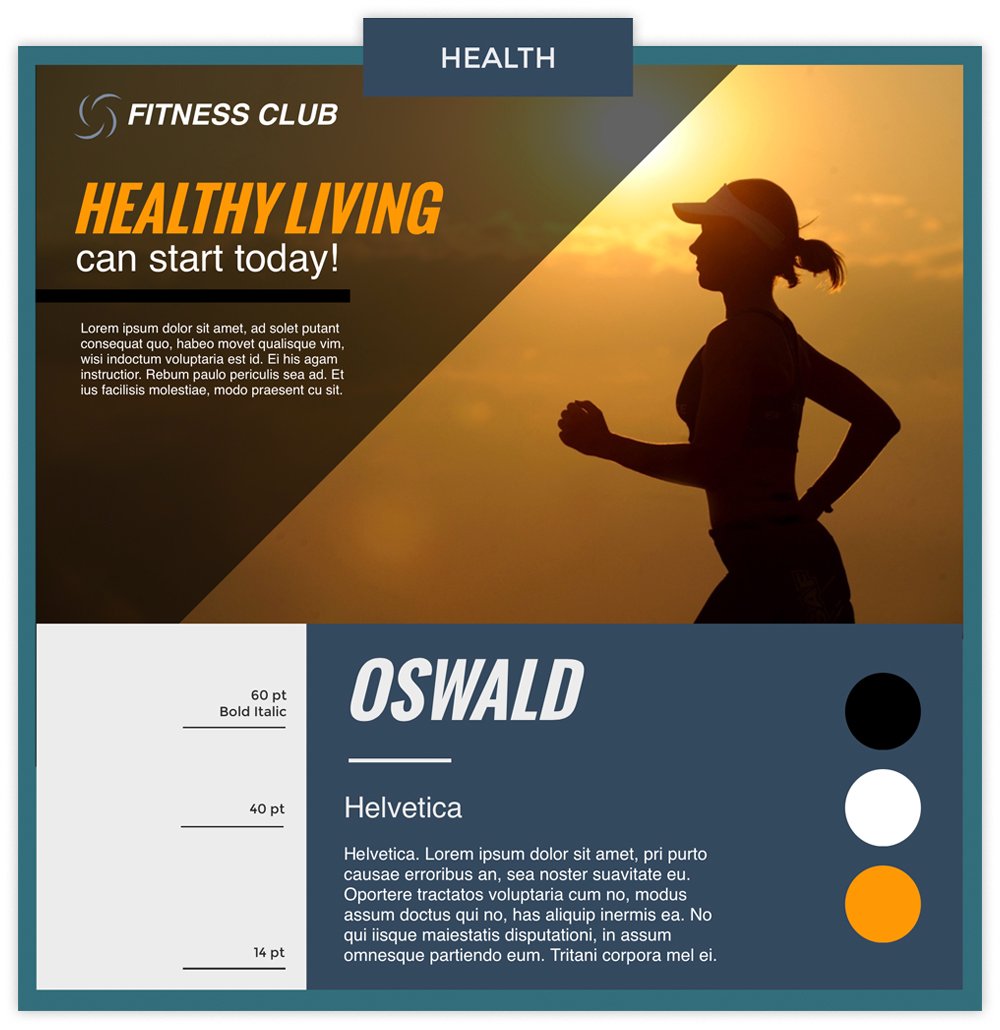 Health infographic with a photo of a woman running using fonts Oswald and Helvetica.
