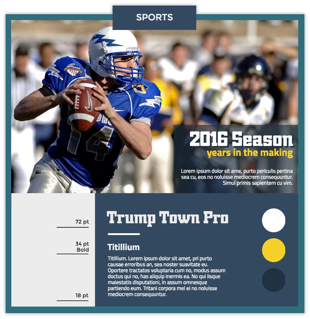 Sports infographic with a photo of a football playing using fonts Trump Town Pro and Titillium.