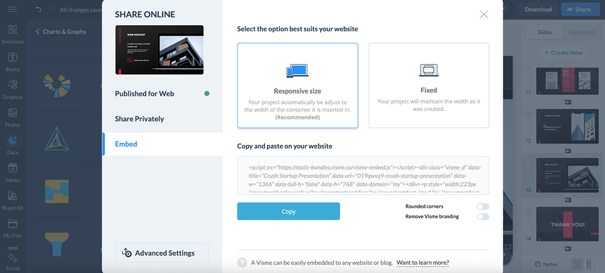 Visme vs Prezi - Visme export and sharing options 