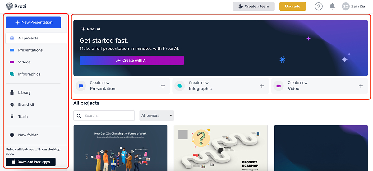 Visme vs Prezi - a screenshot of Prezi's interface