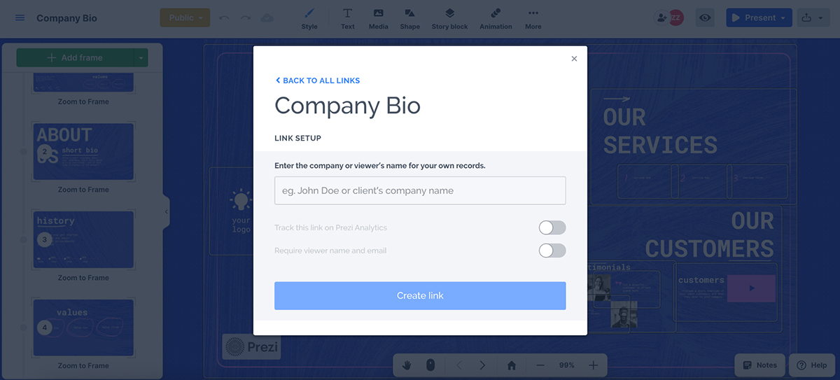 Visme vs Prezi - Prezi export and sharing options 