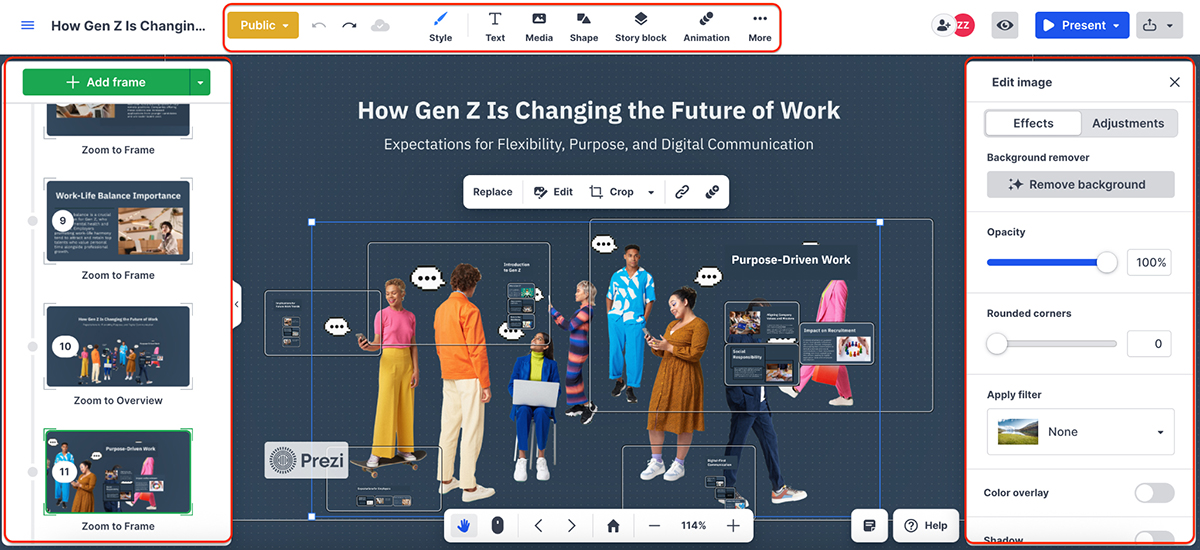 Visme vs Prezi - a screenshot of Prezi's interface