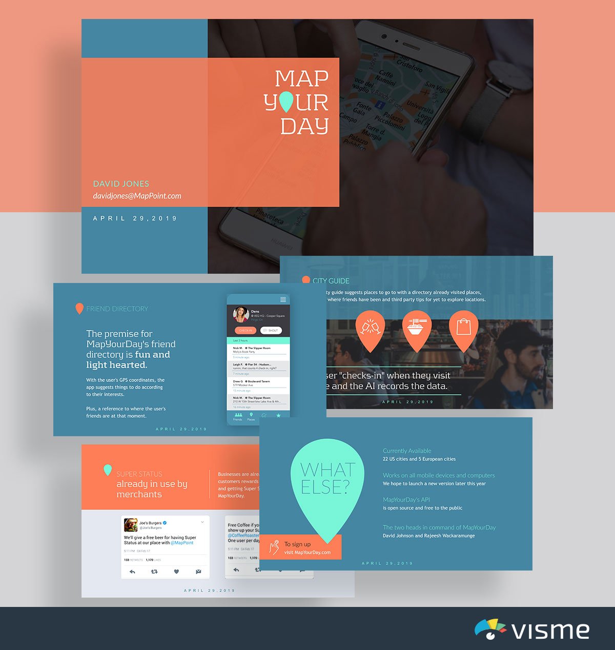presentation slides - map your day foursquare pitch deck template visme