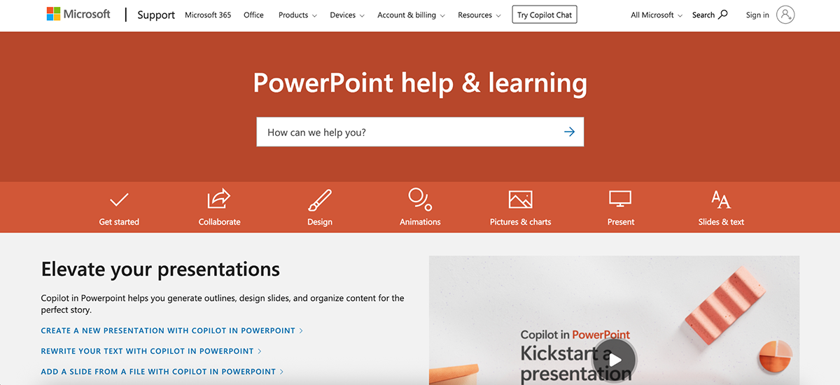 Visme vs PowerPoint - Customer support and resources in PowerPoint