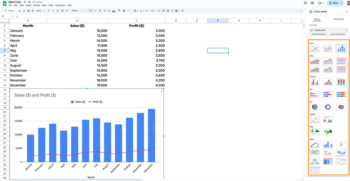 how to create chart in Google Sheet - Chart types in Google Sheets