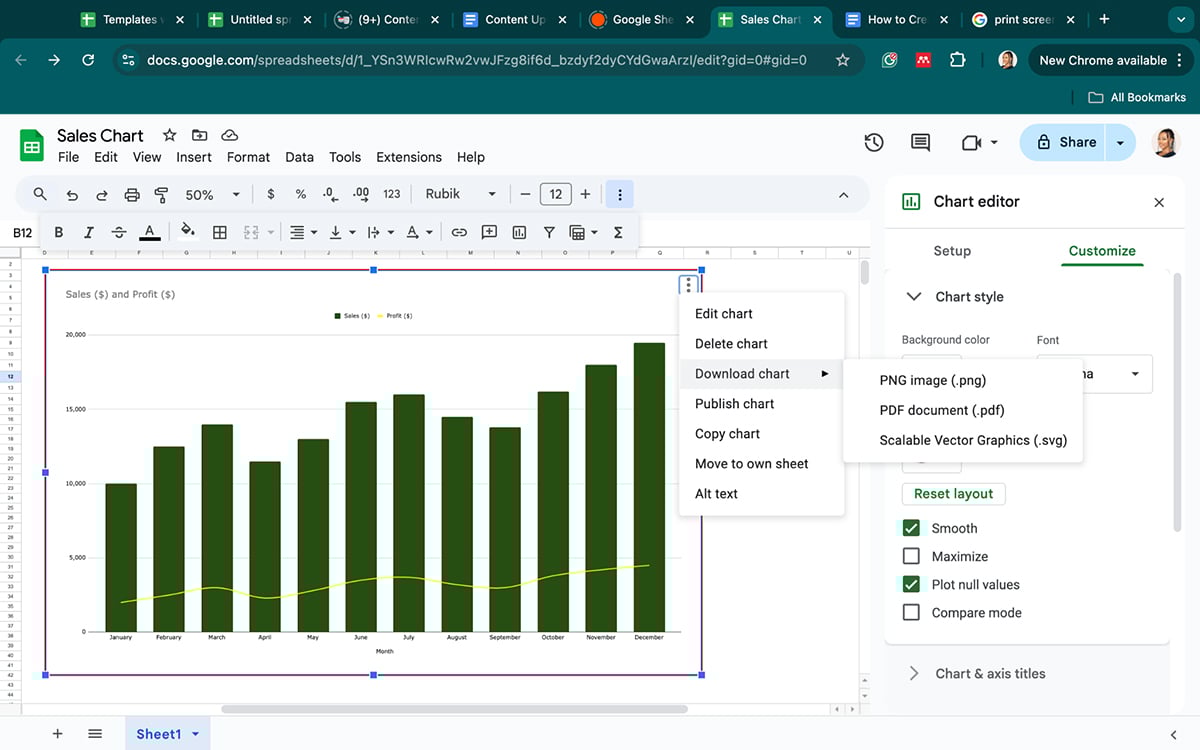 how to create chart in Google Sheet - Chart recommendation featurehow to create chart in Google Sheet - Save and export the chart
