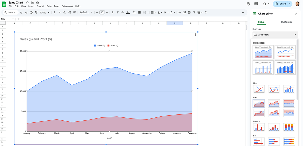 how to create a graph or chart - recommendation chart feature in Google Sheets