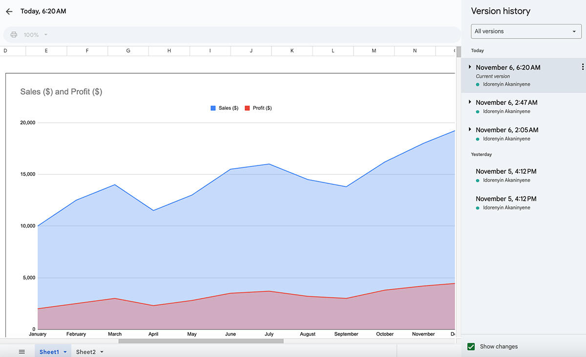 how to create a graph or chart - version history in Google Sheets