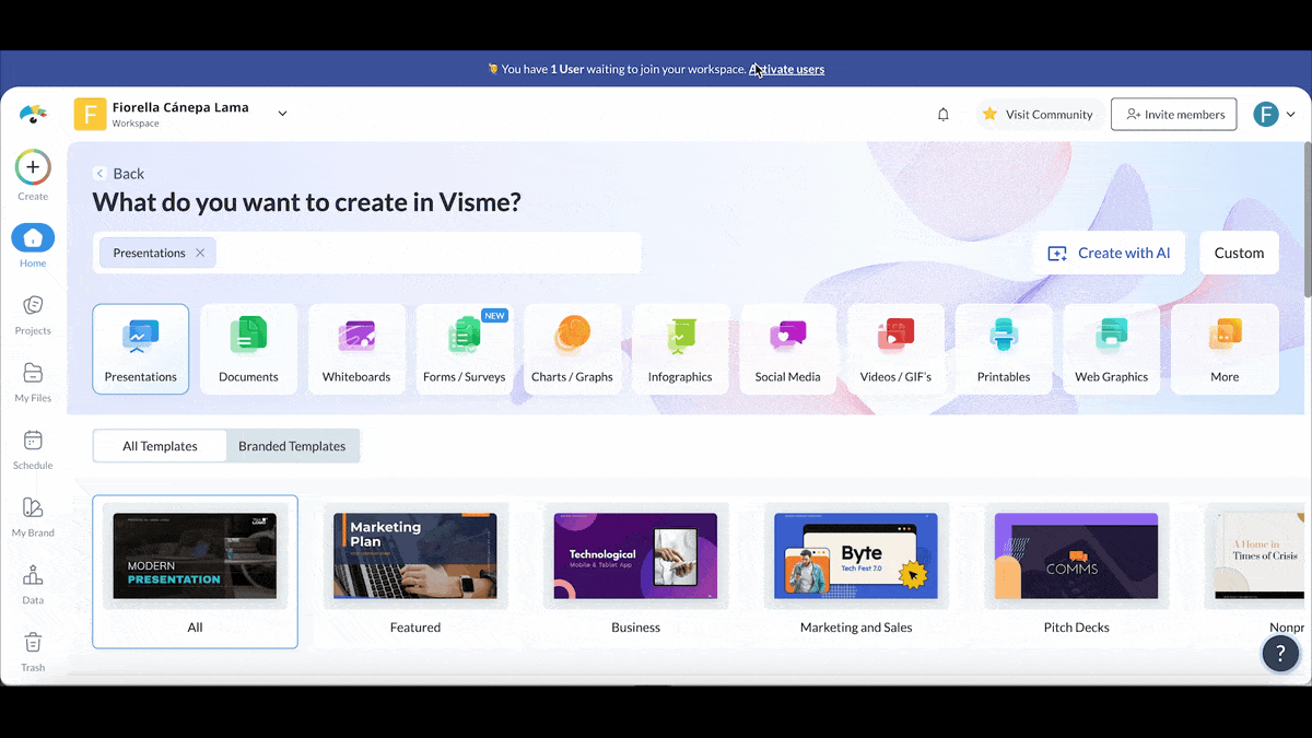 a GIF of using Visme's AI pitch deck