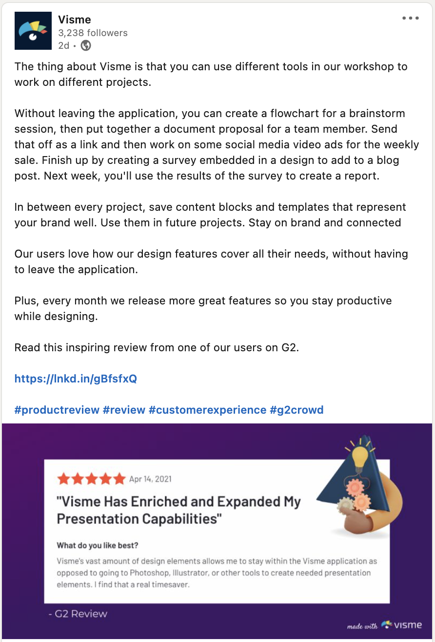 An example of a testimonial shared on LinkedIn.