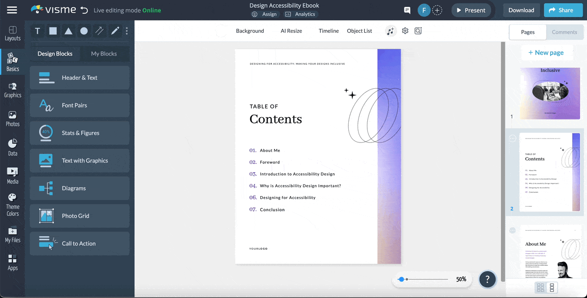 interactive ebook - how to create a clickable table of contents in visme