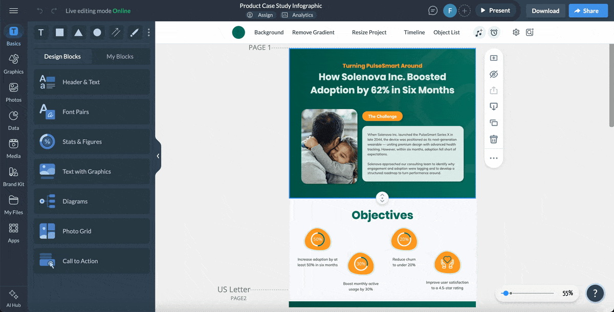 adding interactivity to a Product Case Study Infographic Template