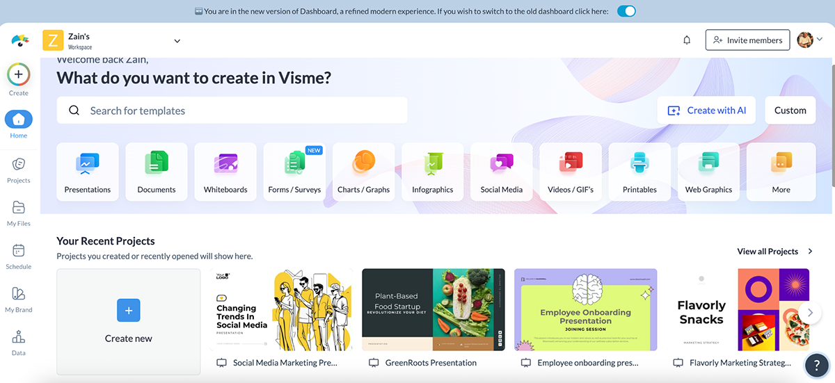 Visme vs Piktochart - Visme dashboard