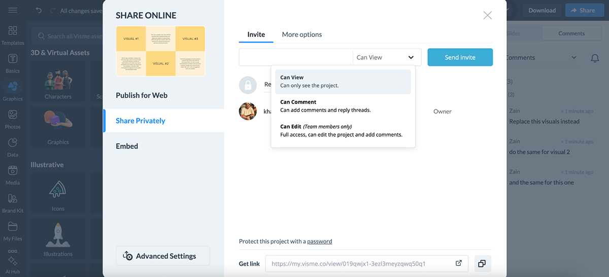 Visme vs Piktochart - Visme's workflow and team collaboration feature