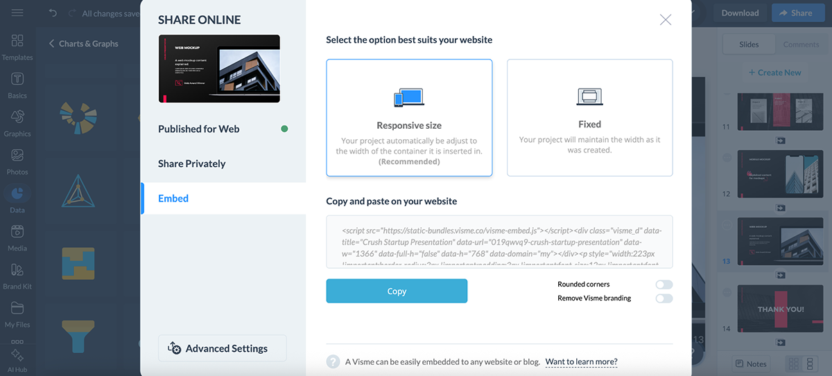 Visme vs Piktochart - Visme's export and sharing options 
