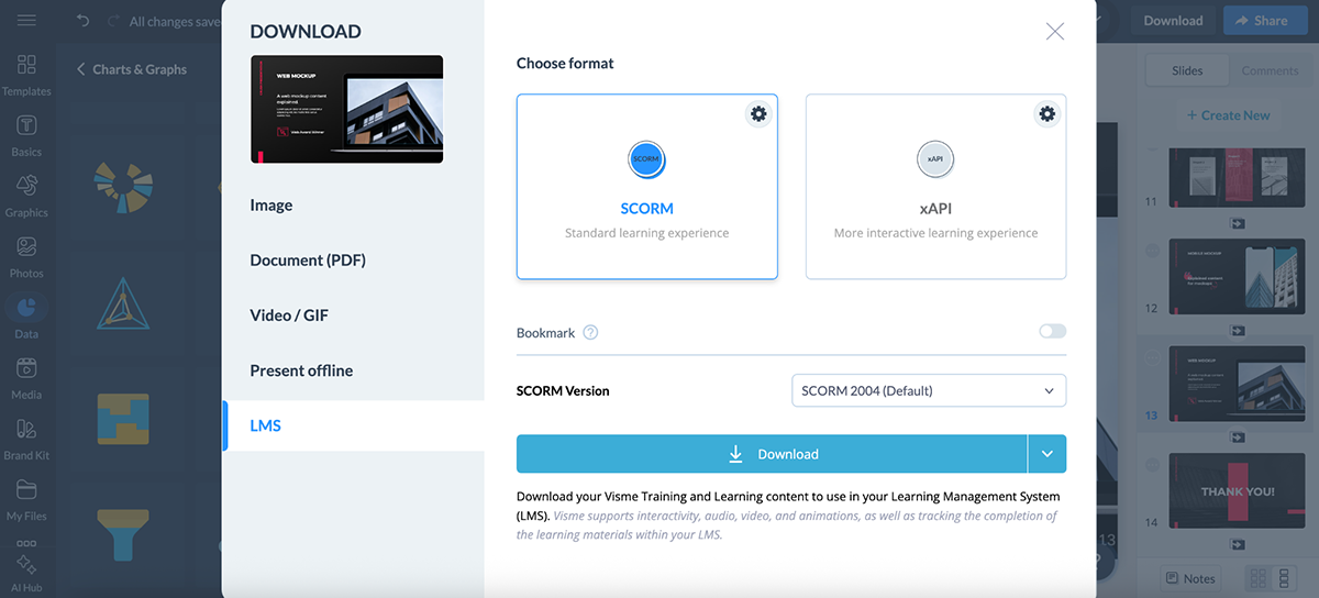 Visme vs Piktochart - Visme's export and sharing options 