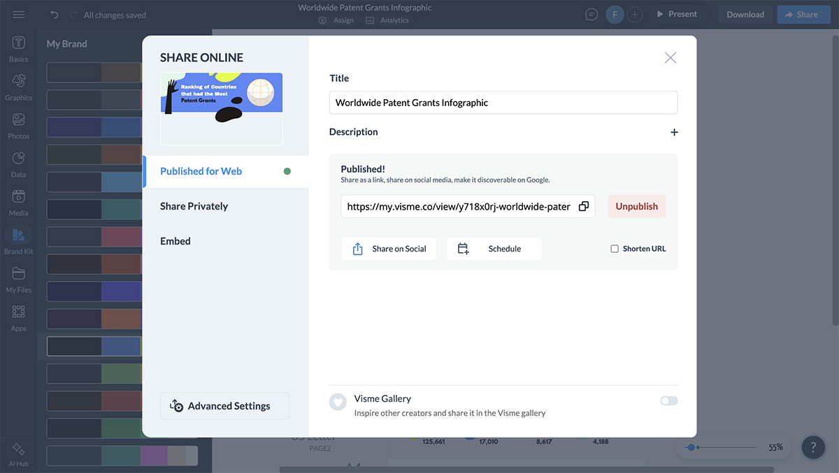 an image of generating and sharing a live link with Visme
