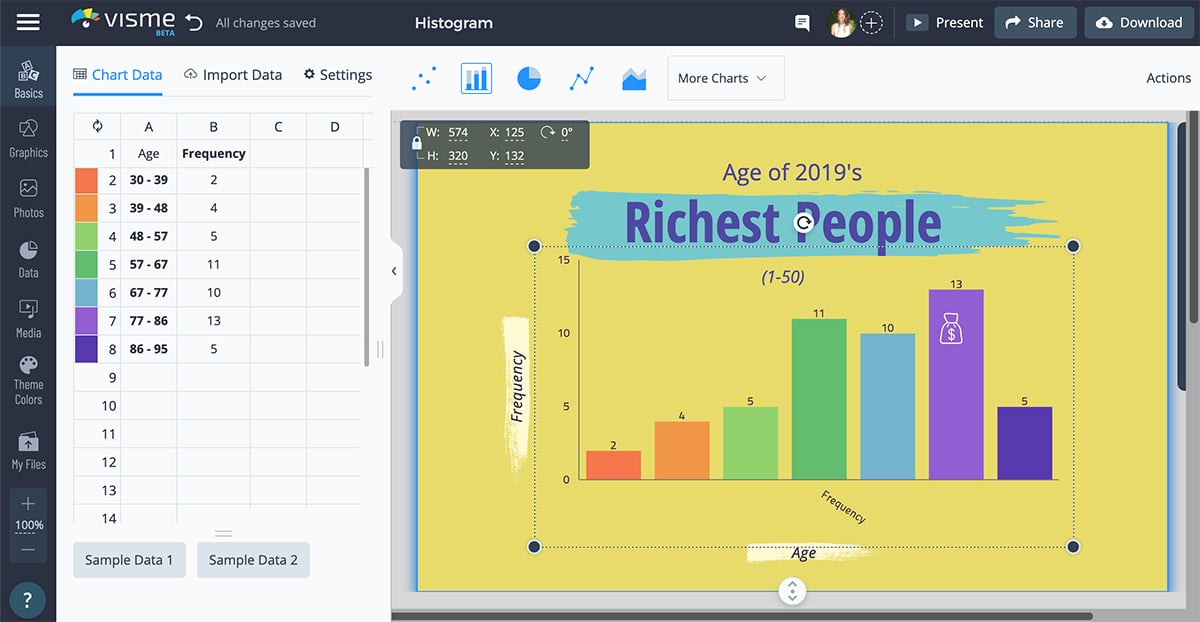 histogram - how to add data in visme