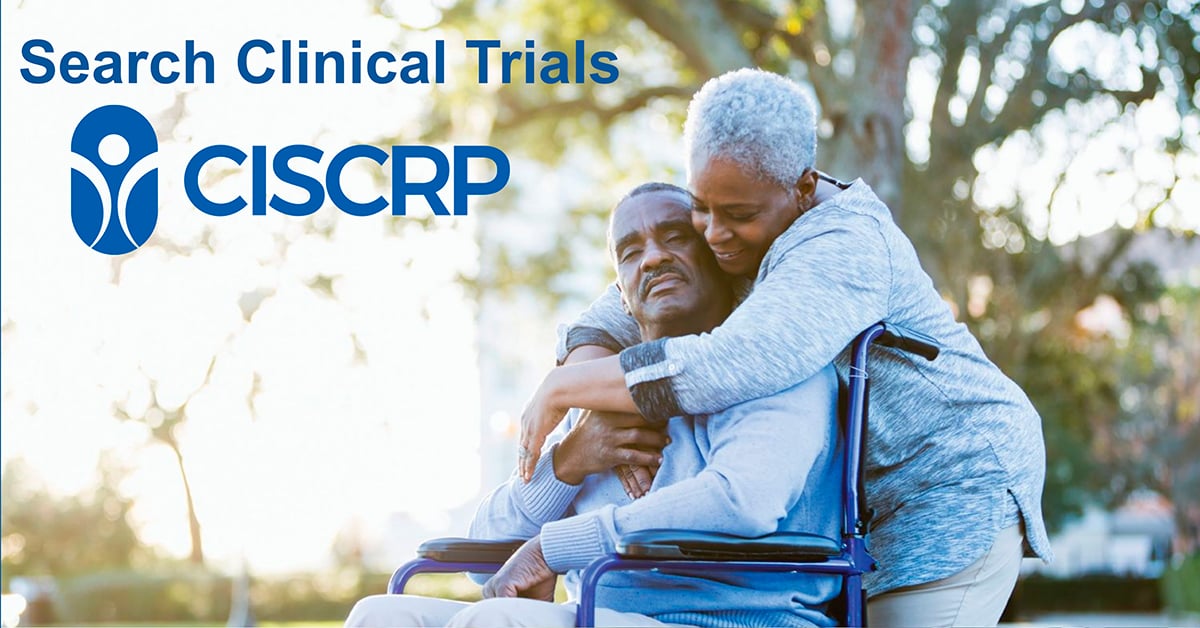 A photo of an older couple hugging with the caption "Search Clinical Trials"