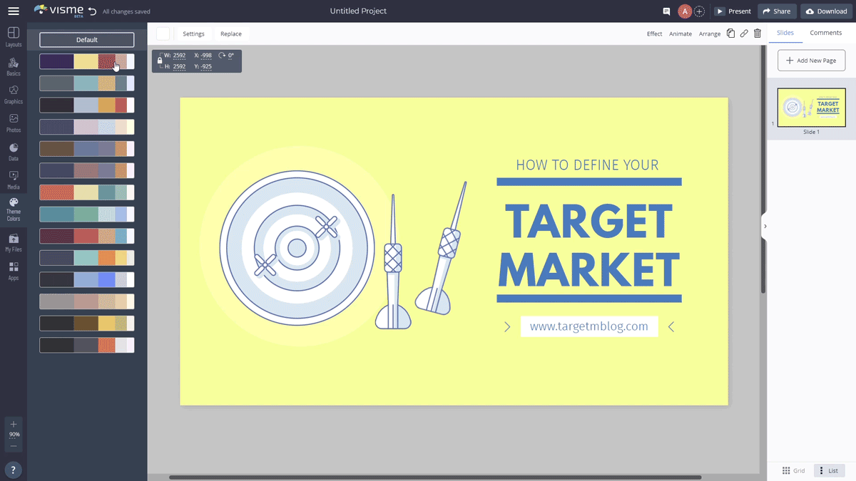 A GIF screengrab showcasing how to use the single-click color themes to adjust the full color palette of a design in Visme.