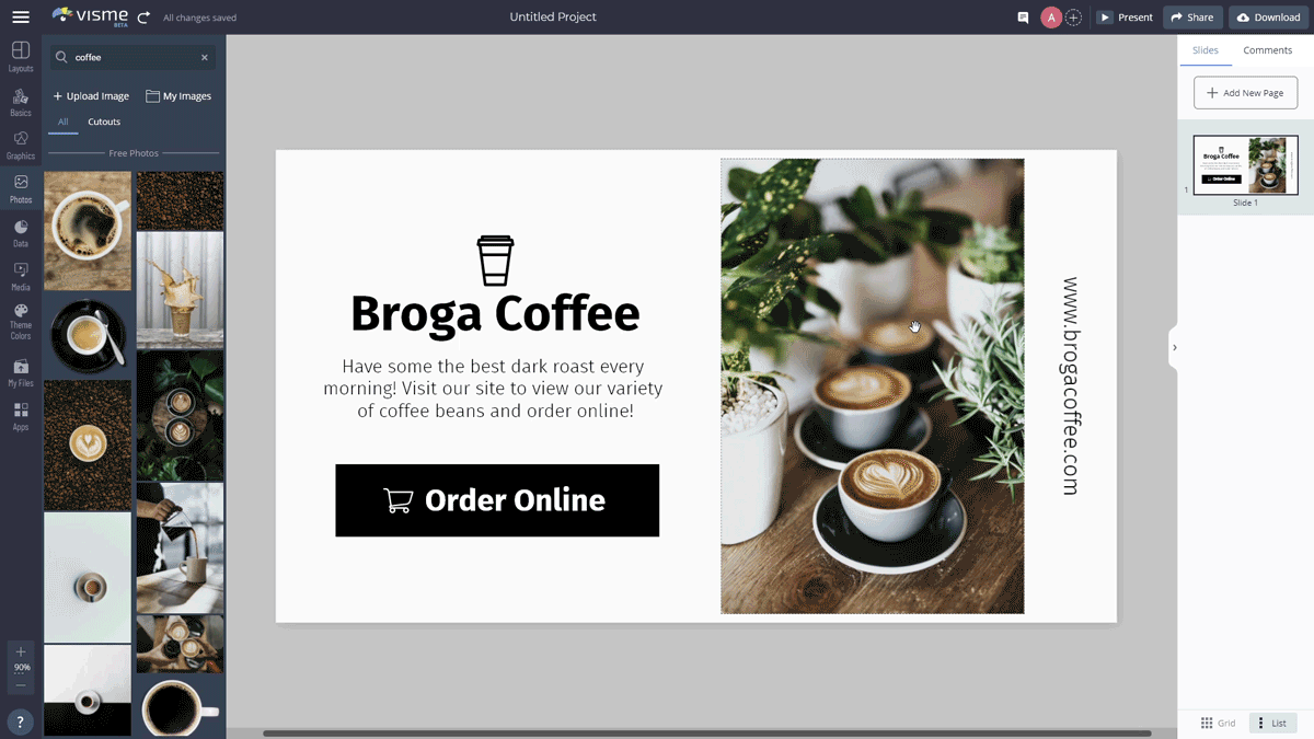 A GIF screengrab showcasing how to easily replace photos in Visme's design editor.