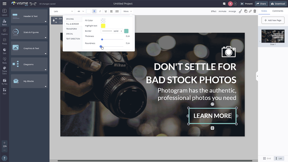 A GIF screengrab showcasing how to add borders to text boxes in Visme's design editor.