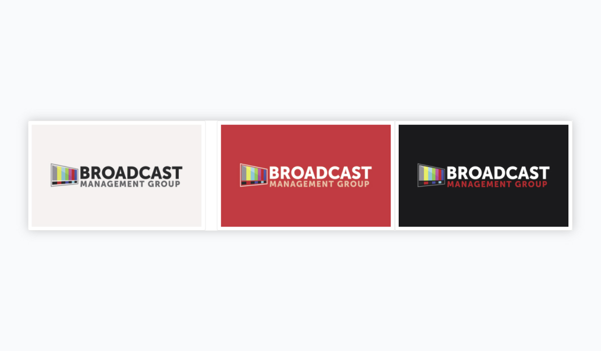 Three ads side by side with similar color schemes but different primary colors for Broadcast Management Group.
