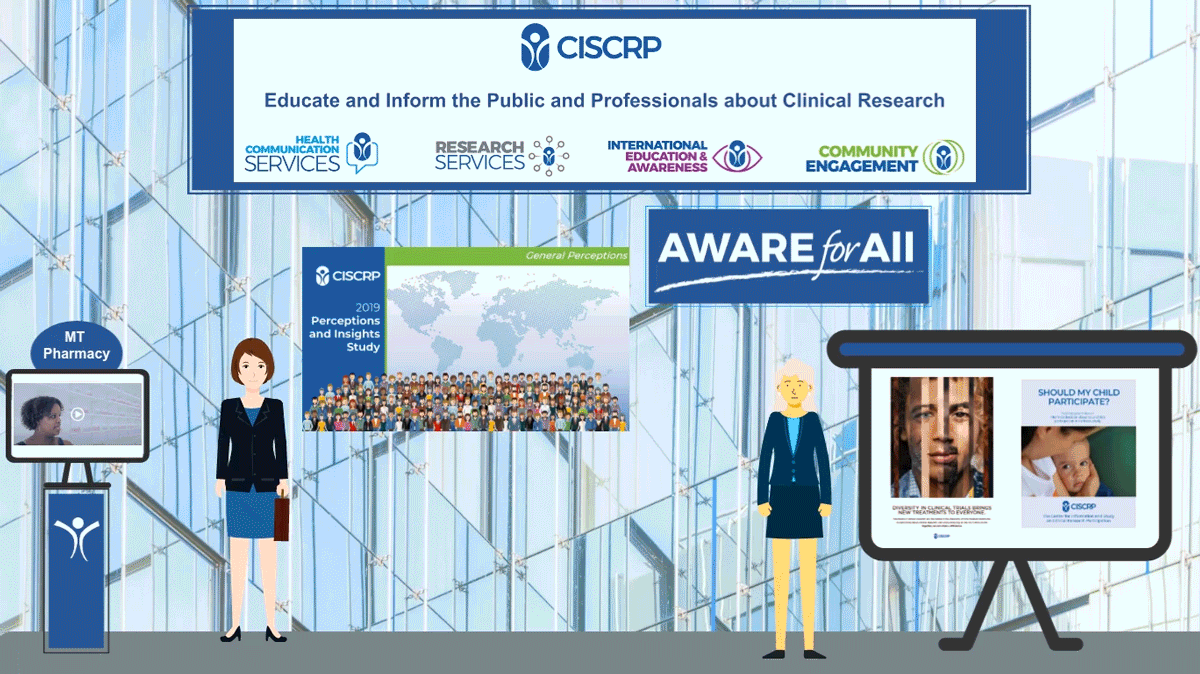 An animated graphic with animated characters showcasing a promotion for AWARE For All