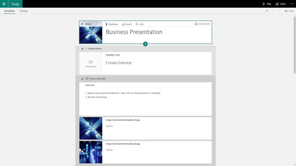 best presentation software - sway storyline editor