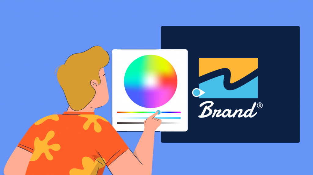 An illustration of a man tweaking the colors of his design on his screen.