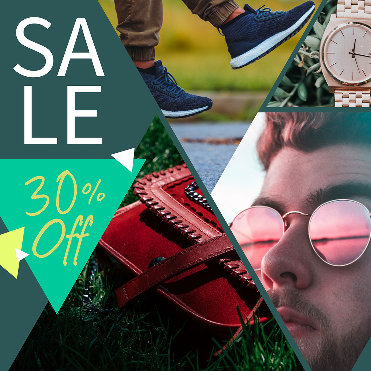 An example of a social media ad template in Visme that uses triangular frames for images to make a collage.