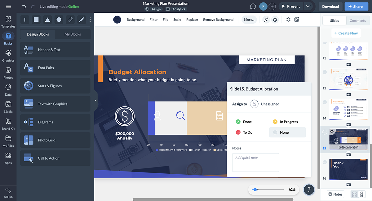 A screenshot of the presenter notes feature open in the Visme design editor.