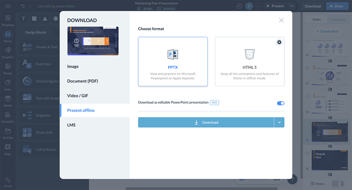 A screenshot of the download options for presentations in Visme.