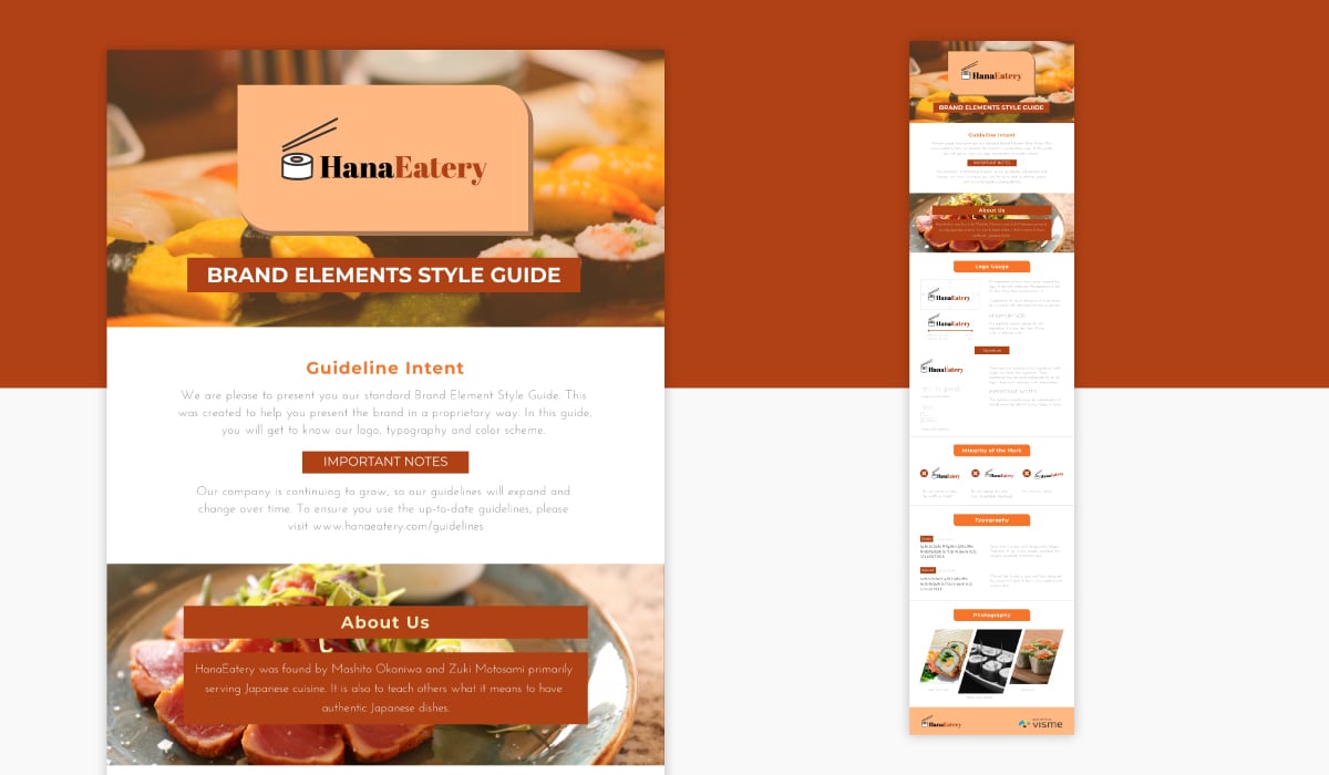 An orange and white infographic brand guidelines template available in Visme.