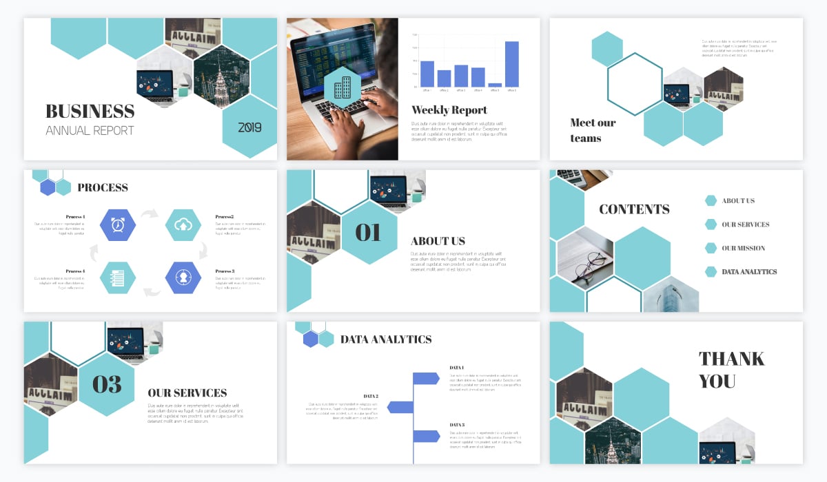 A business report presentation template available in Visme.