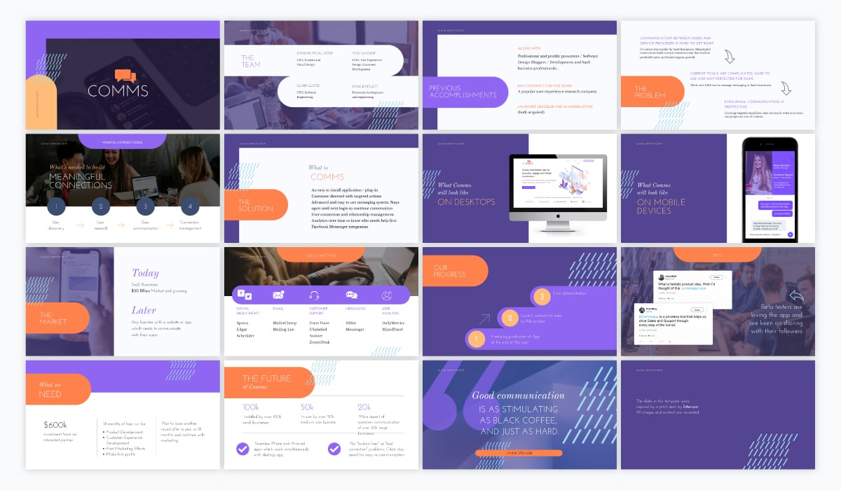 Purple and orange pitch deck template using font Libre-Baskerville.