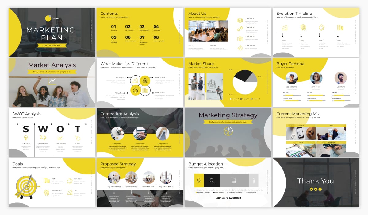 A yellow and black marketing plan presentation template using font Montserrat.