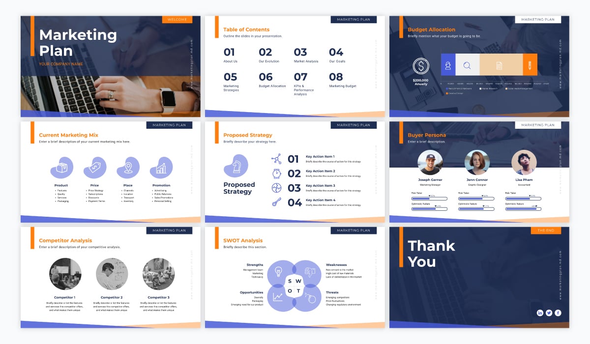 Blue and orange marketing plan presentation template using the font Montserrat.