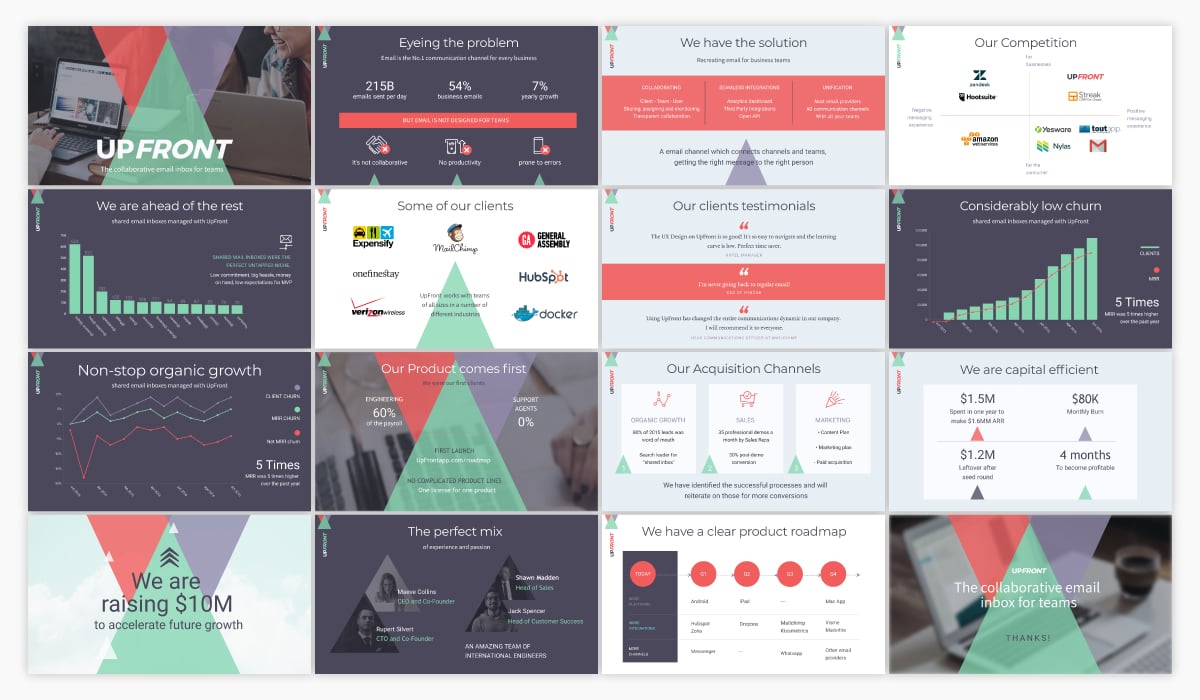 A white, green and red pitch deck template using the font Roboto.