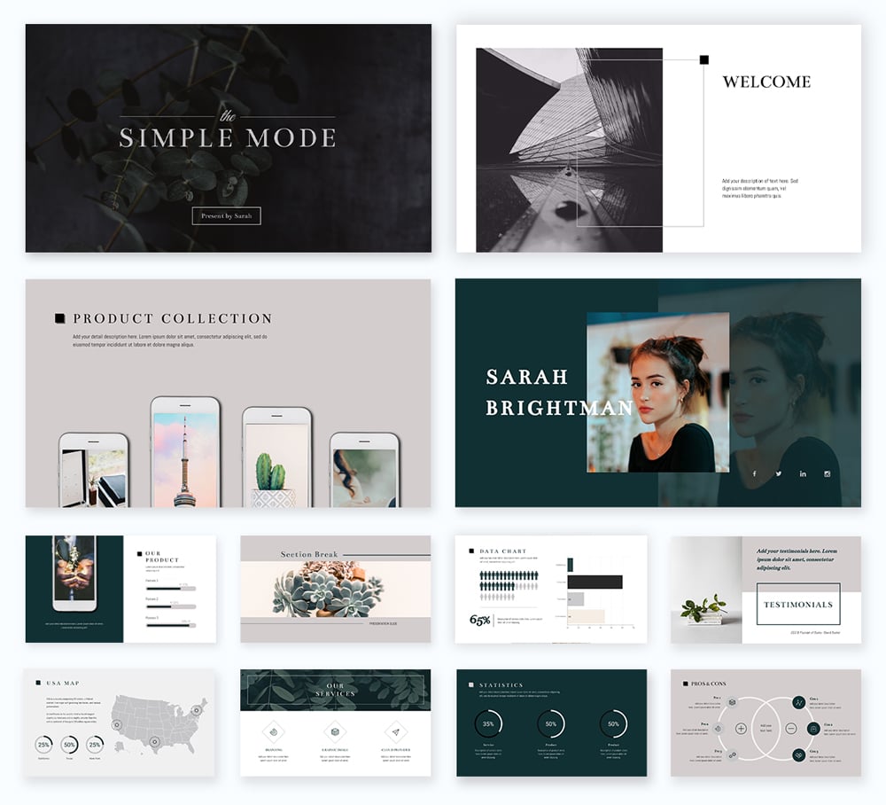 Our Simple presentation theme with over 300 different slide designs to choose from.