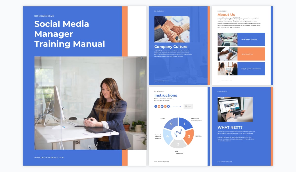 A social media manager training manual template available in Visme.