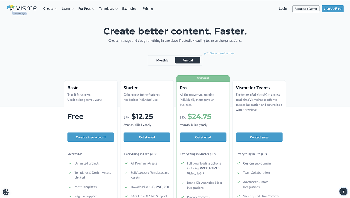 A screenshot of Visme's pricing page.