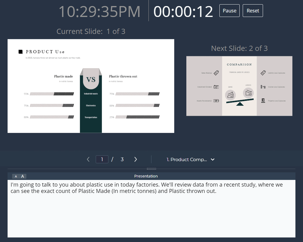 A GIF screengrab of Visme's presentation notes feature.