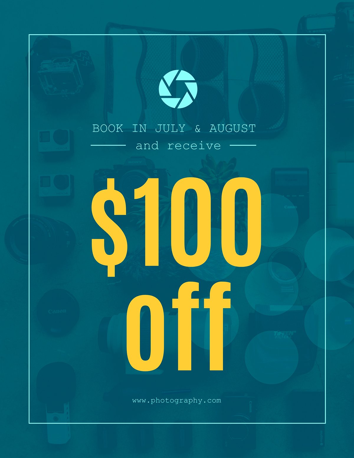 A camera equipment flyer template available in Visme.