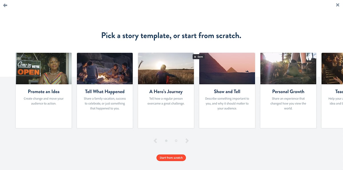 A screenshot of Adobe Spark's explainer video templates.