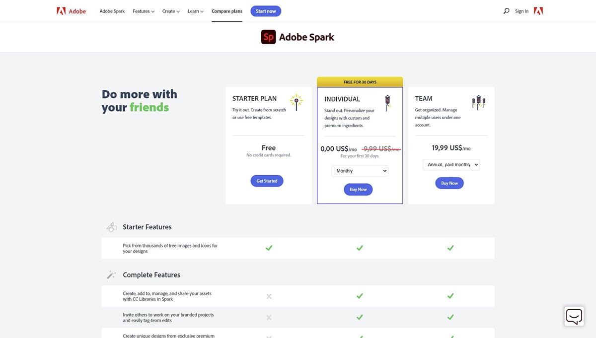 A screenshot of Adobe Spark's pricing page.