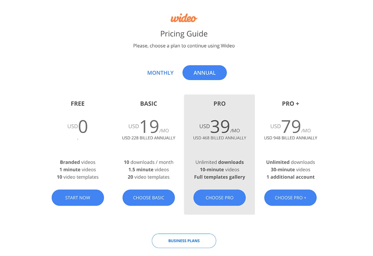 A screenshot of Wideo's pricing page.