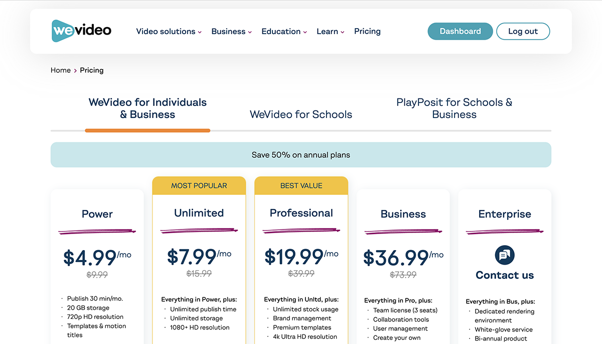 Best Free Video Editing Software - Wevideo pricing